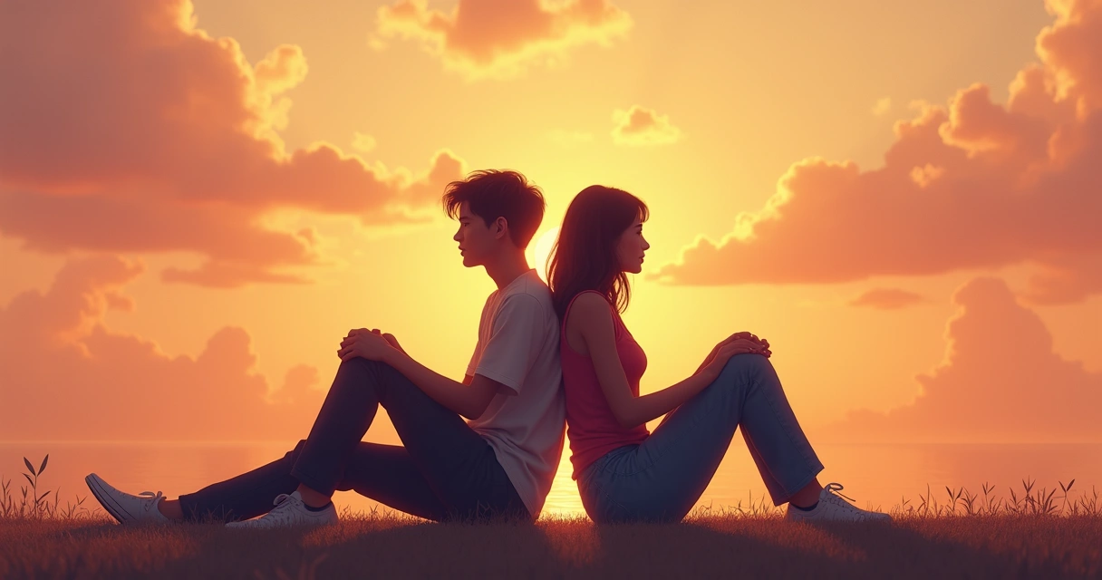 Dos personas sentadas de espaldas, una cediendo espacio, fondo cálido, ambiente íntimo 