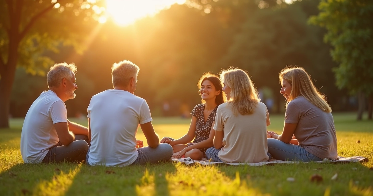 Grupo de amigos conversando en un parque al atardecer, relajados y sonriendo.