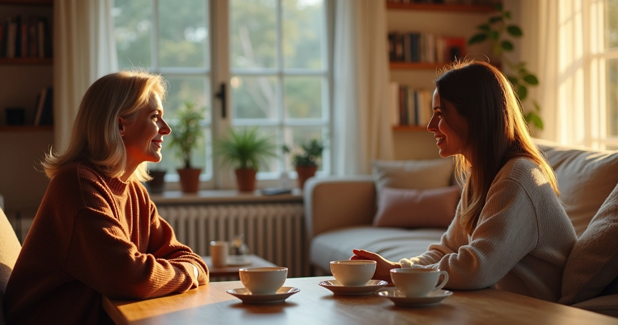 Dos personas manteniendo un diálogo tranquilo en un ambiente acogedor 