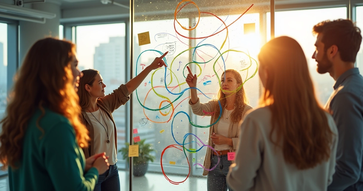 Grupo de empleados observando un tablero con conexiones entre ellos 