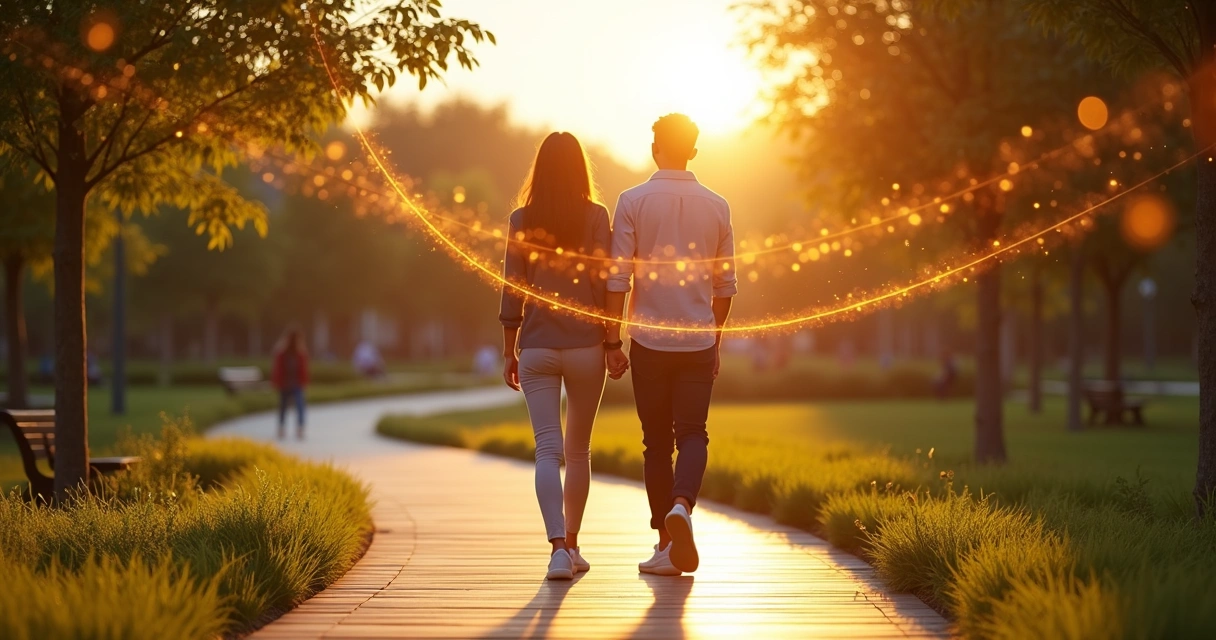 Duas pessoas caminhando lado a lado em passarela iluminada formando rede de luz entre elas 