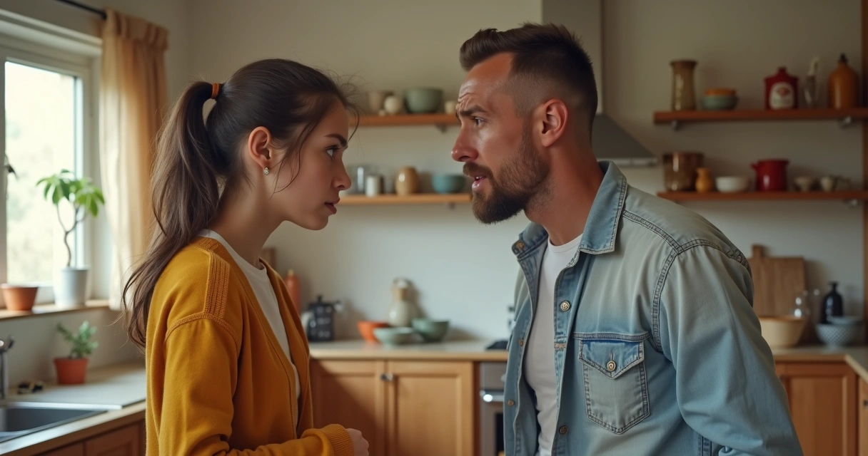 Duas pessoas adultas discutindo em casa na cozinha 