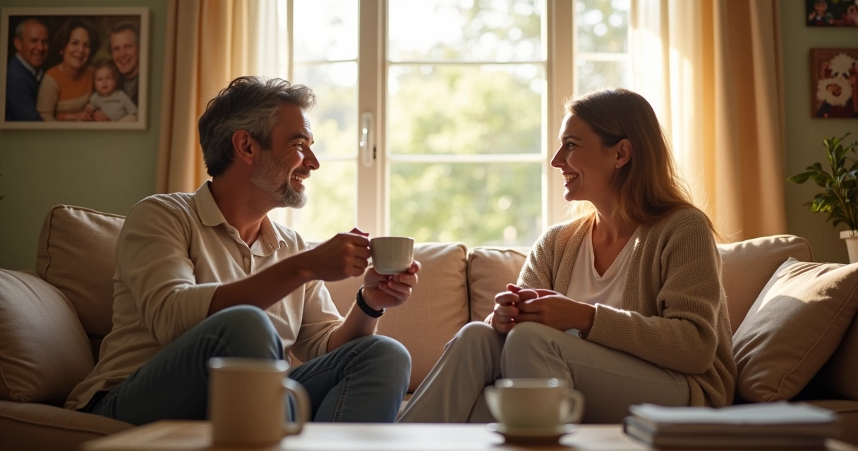 Duas pessoas conversando de forma amigável sentadas em um ambiente confortável.