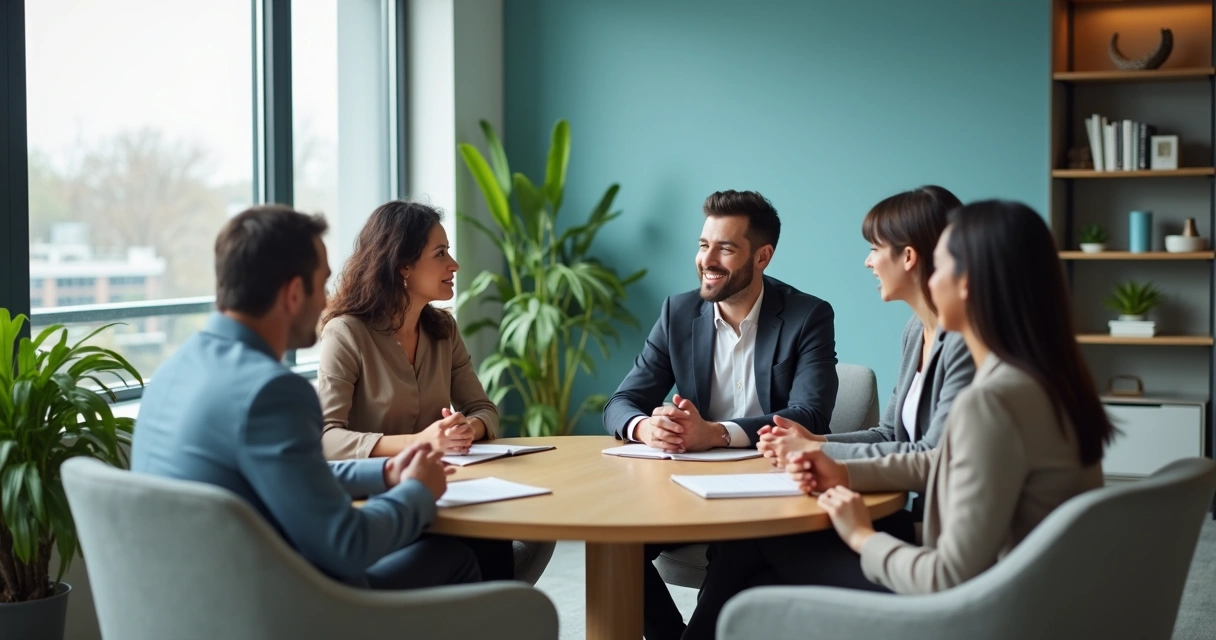 Equipe diversa em reunião informal mostrando conexão genuína no escritório 