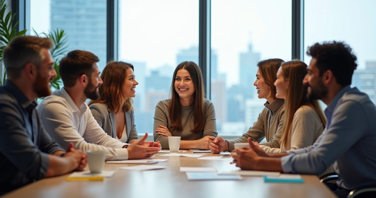 Grupo de pessoas em reunião de trabalho, expressando empatia