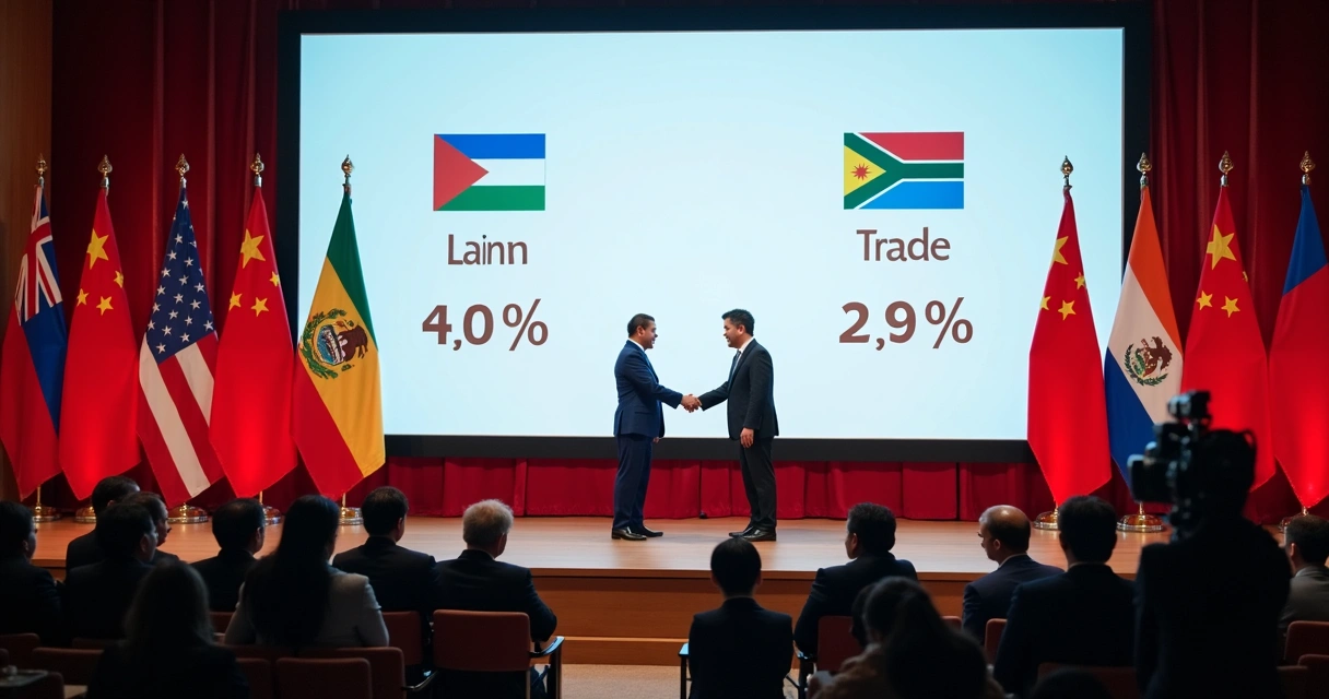 Representantes chineses e latino-americanos apertando as mãos em um evento 