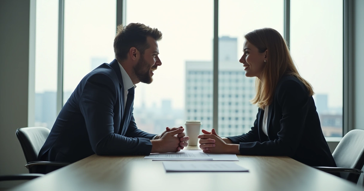 Dois colegas conversando sinceramente em ambiente de trabalho