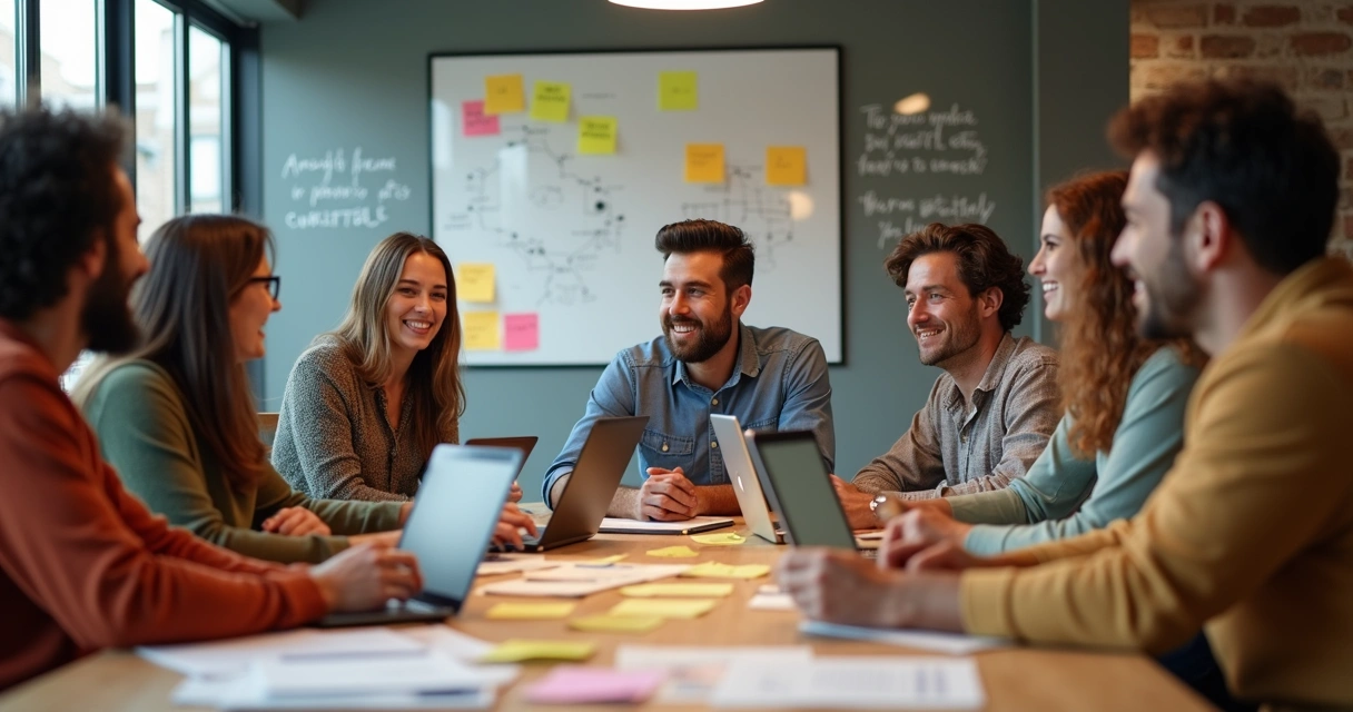 Equipe diversa de colaboradores trocando ideias em ambiente colaborativo 