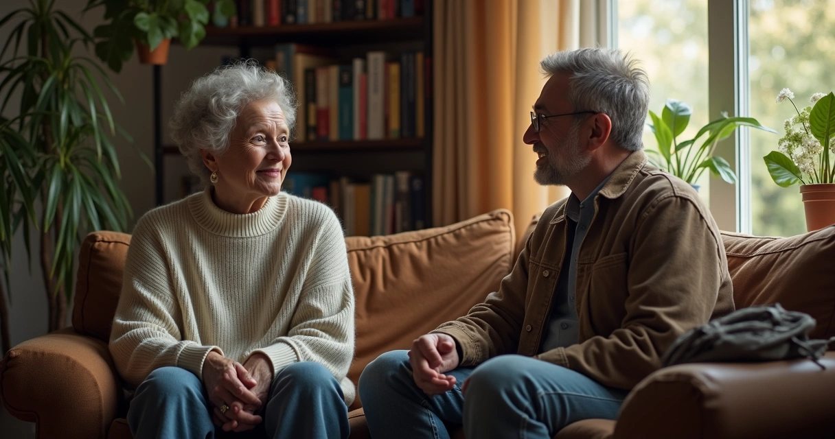 Duas pessoas sentadas em uma sala conversando de maneira reflexiva, com livros e plantas ao fundo 