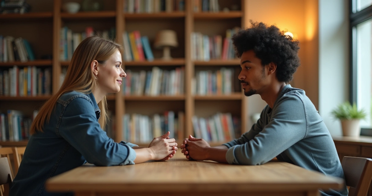 Duas pessoas sentadas frente a frente, conversando calmamente, cada uma com seu espaço pessoal delimitado. 