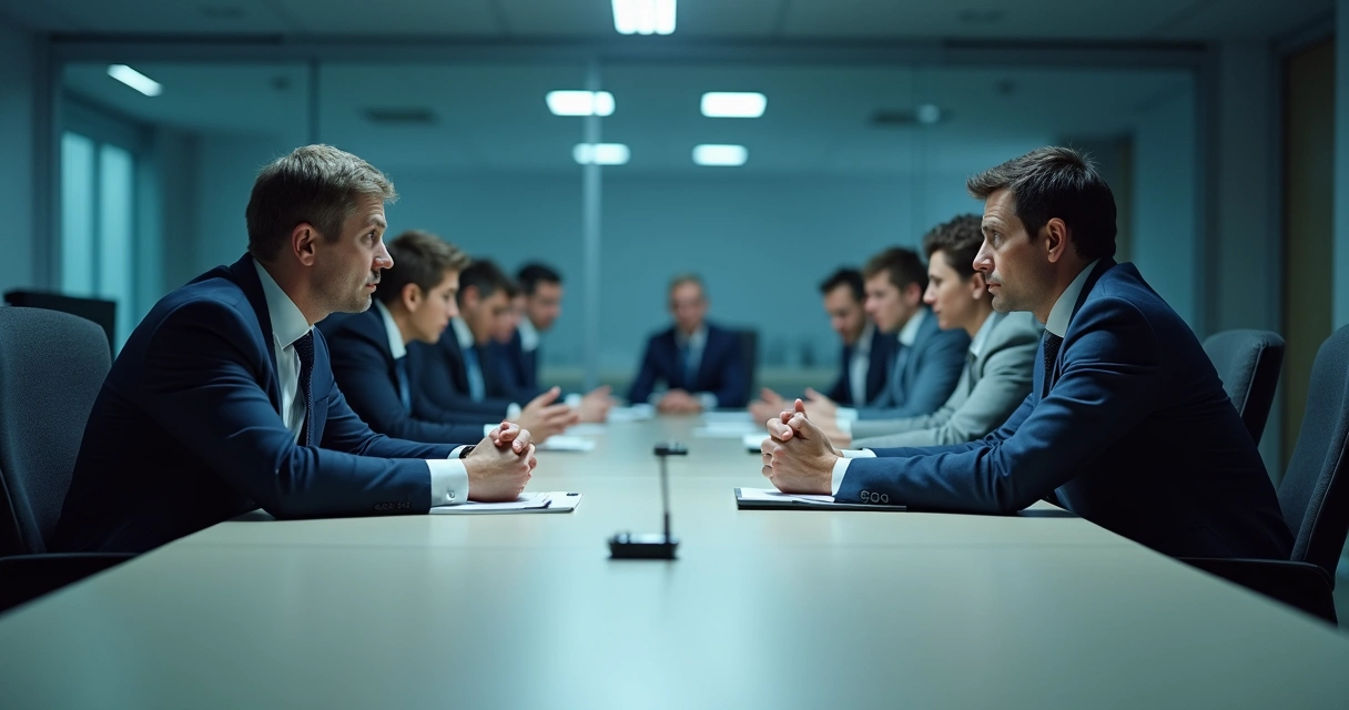 Colegas de trabalho distantes em uma mesa, expressão séria e clima de frieza no escritório 