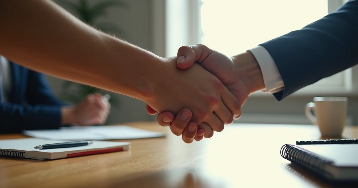 Aperto de mãos entre duas pessoas mostrando conexão em ambiente profissional 