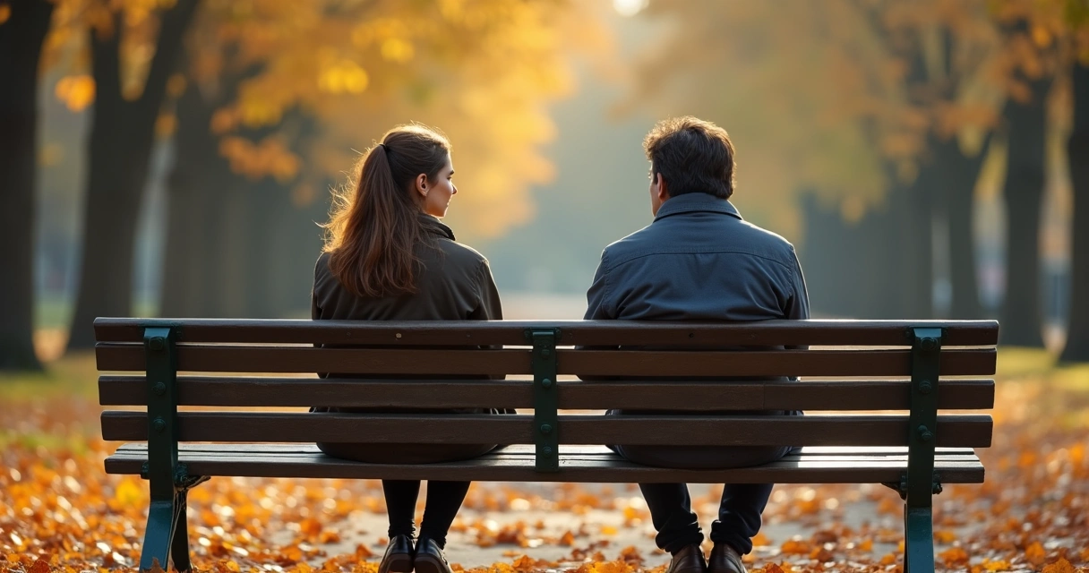 Duas pessoas sentadas afastadas em um banco de praça, olhando em direções opostas, com expressão neutra. 