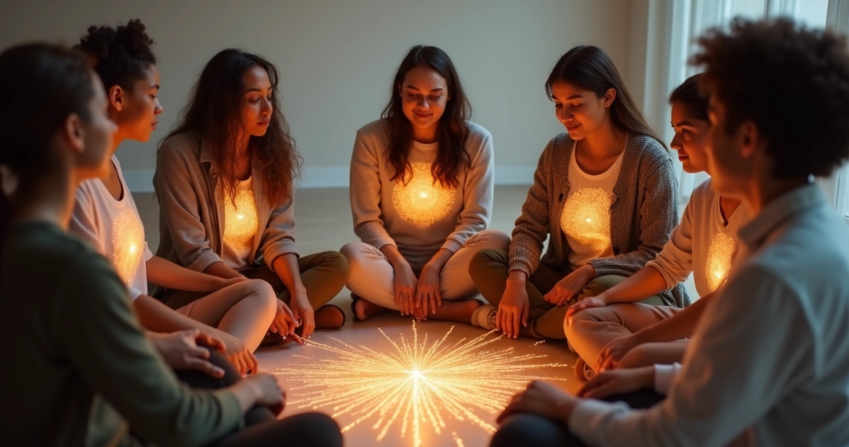 Grupo de pessoas reunidas em círculo, com linha de luz conectando cada uma 