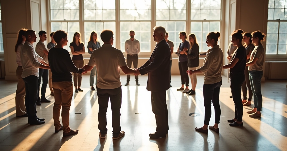 Pessoas em círculo com gestos mistos de acolhimento e exclusão 