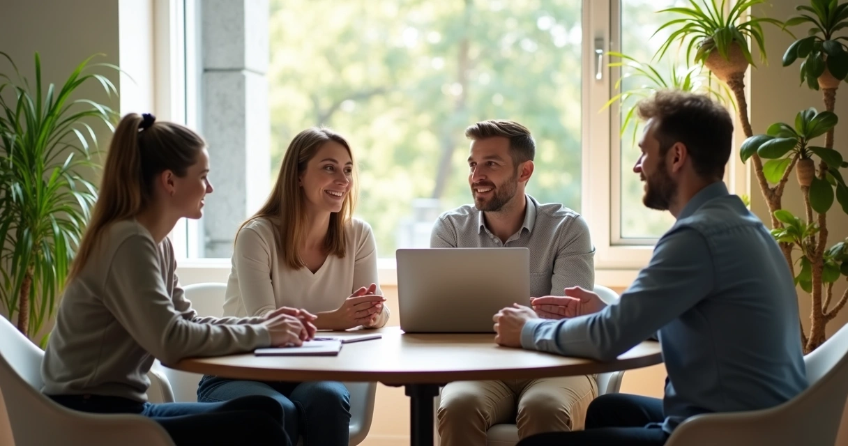Grupo conversando em ambiente tranquilo de trabalho