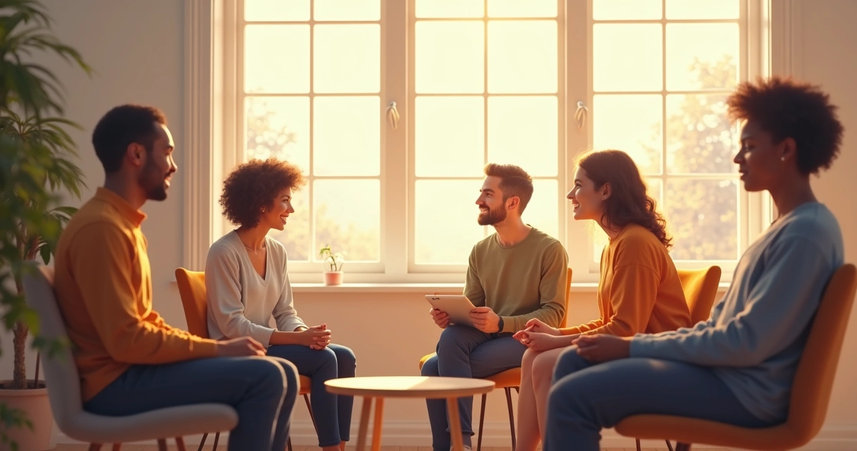 Reunião de um pequeno grupo de pessoas em uma sala, conversando de maneira relaxada, com tons claros e expressão de harmonia 