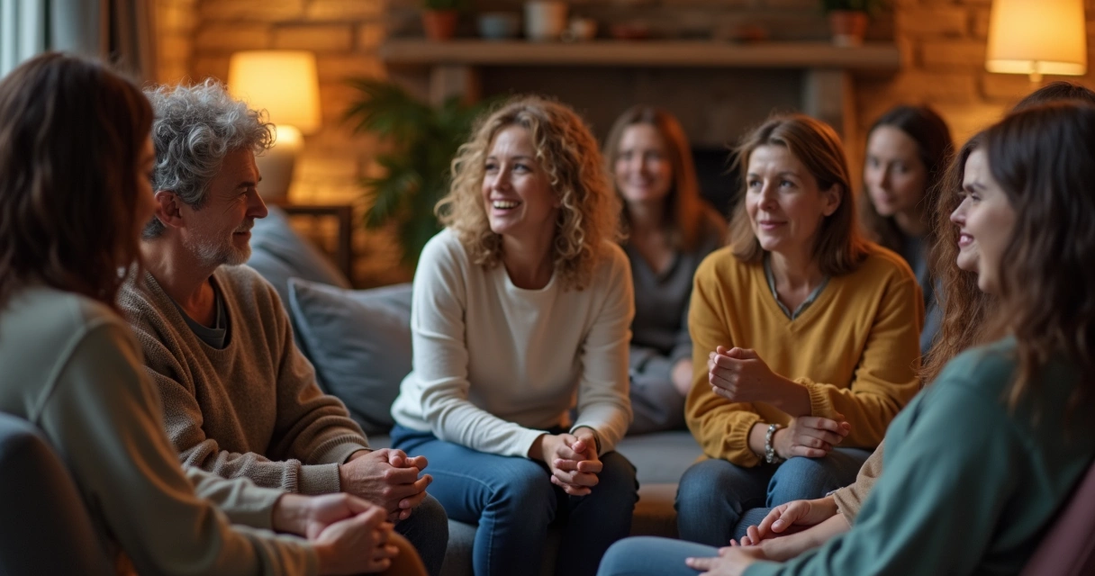 Grupo de pessoas sentadas em círculo, compartilhando emoções, com expressões de apoio e escuta atenta 