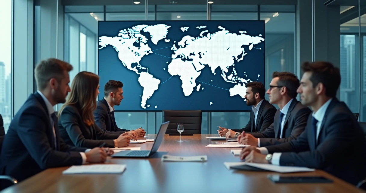 Executivos de diferentes países em reunião tensa com símbolos de conexão global ao fundo 