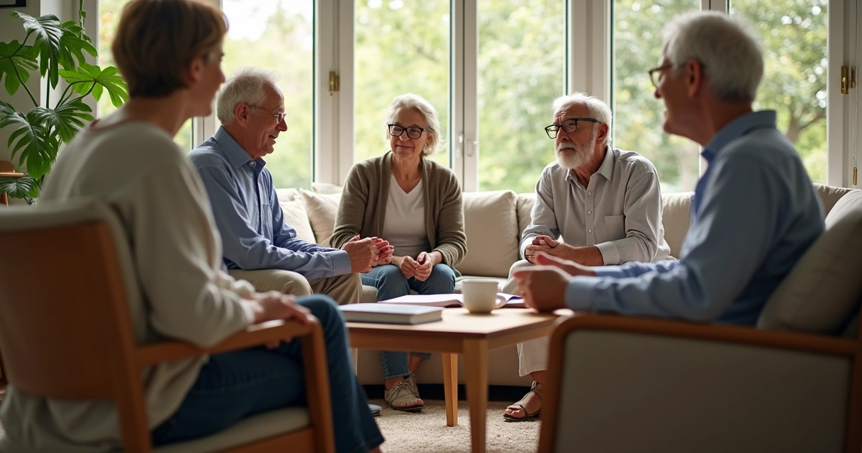 Pessoas conversando em roda com expressão tranquila 
