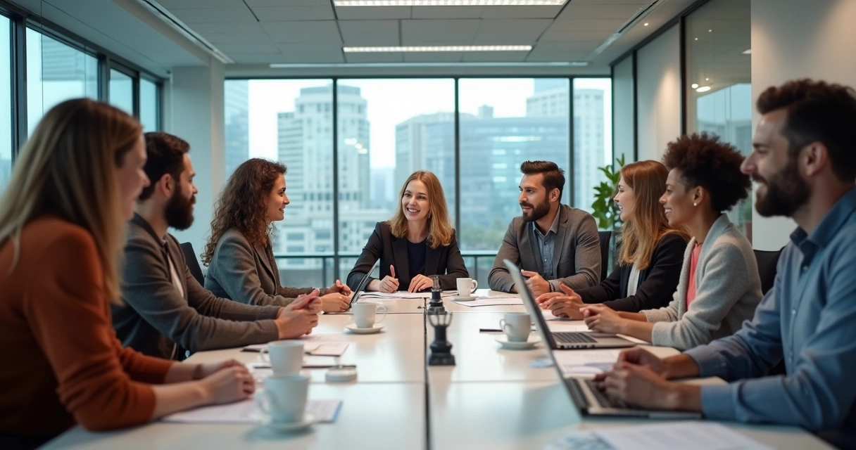 Equipe de trabalho reunida em sala moderna discutindo ideias 