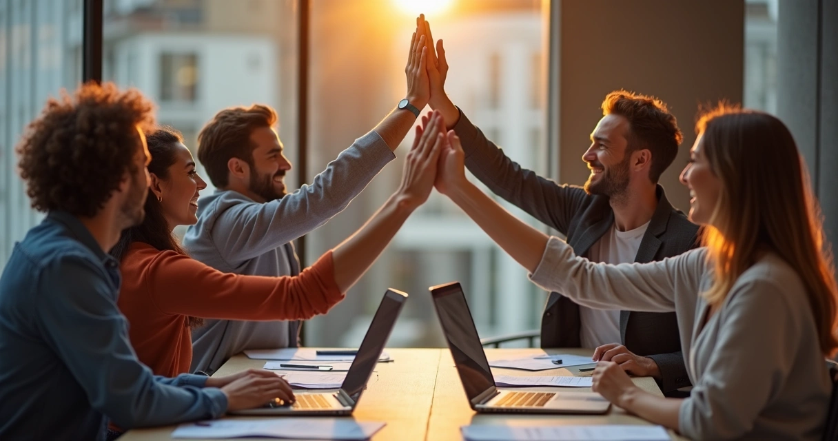 Equipe de trabalho celebrando conquista em reunião informal 