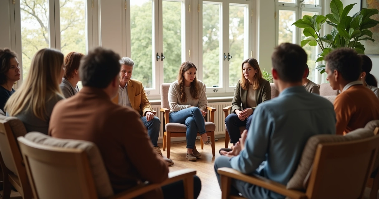 Grupo de pessoas em círculo conversando em ambiente claro e acolhedor 