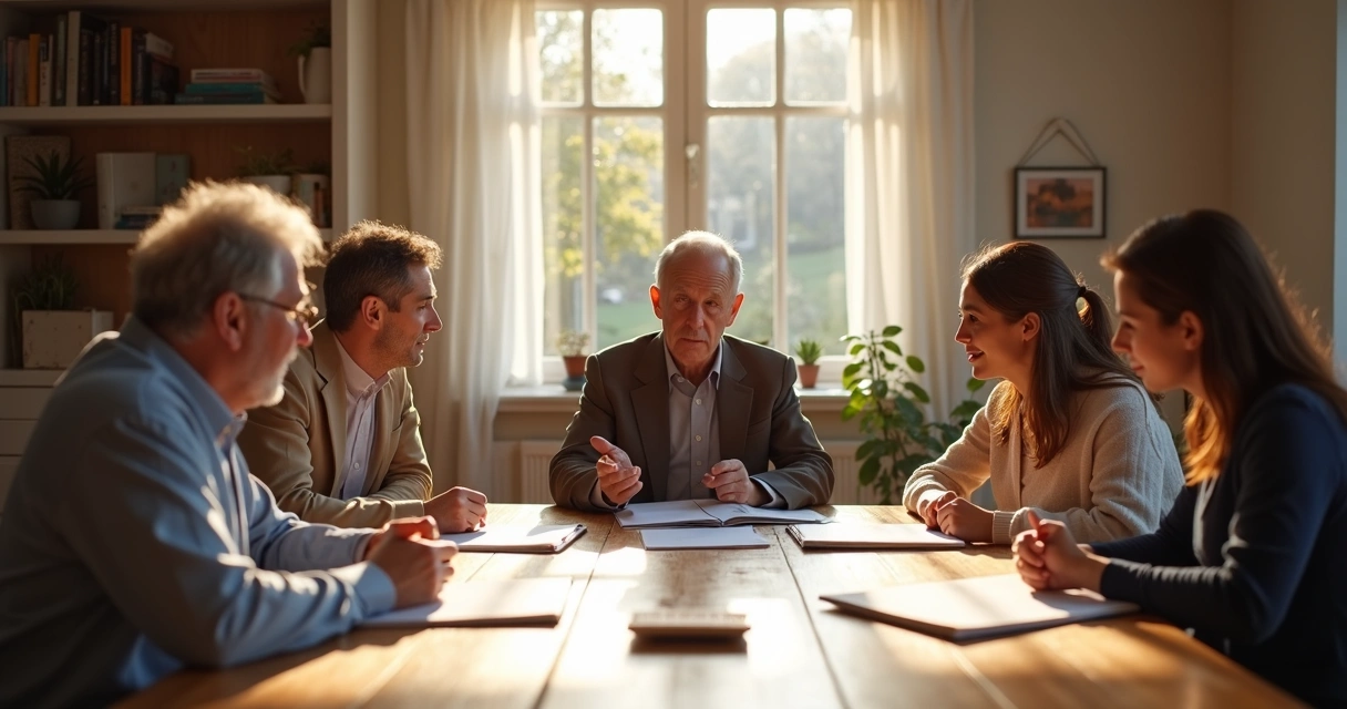 Três gerações de uma família sentadas em uma mesa conversando sobre carreira 