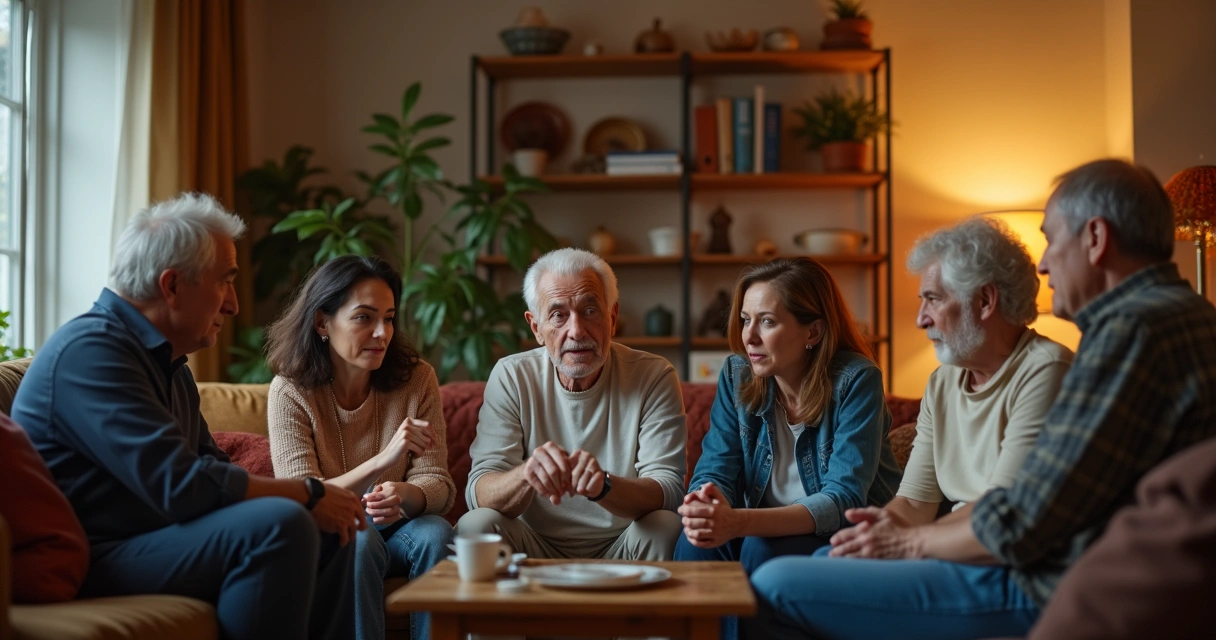 Grupo de pessoas conversando com expressão séria em sala de estar 