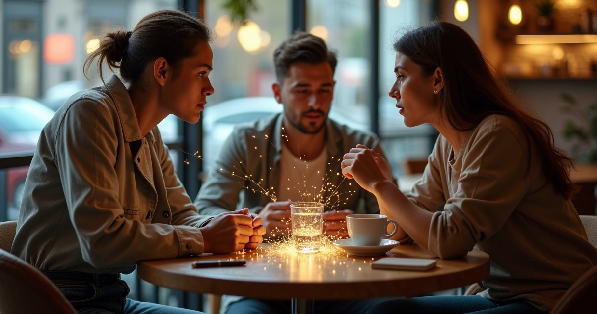 Três pessoas em mesa de café ligadas por fios invisíveis destacados por luz 
