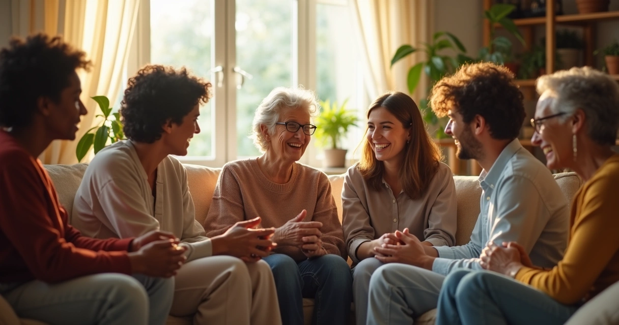 Grupo de pessoas de diferentes idades conversando em harmonia 