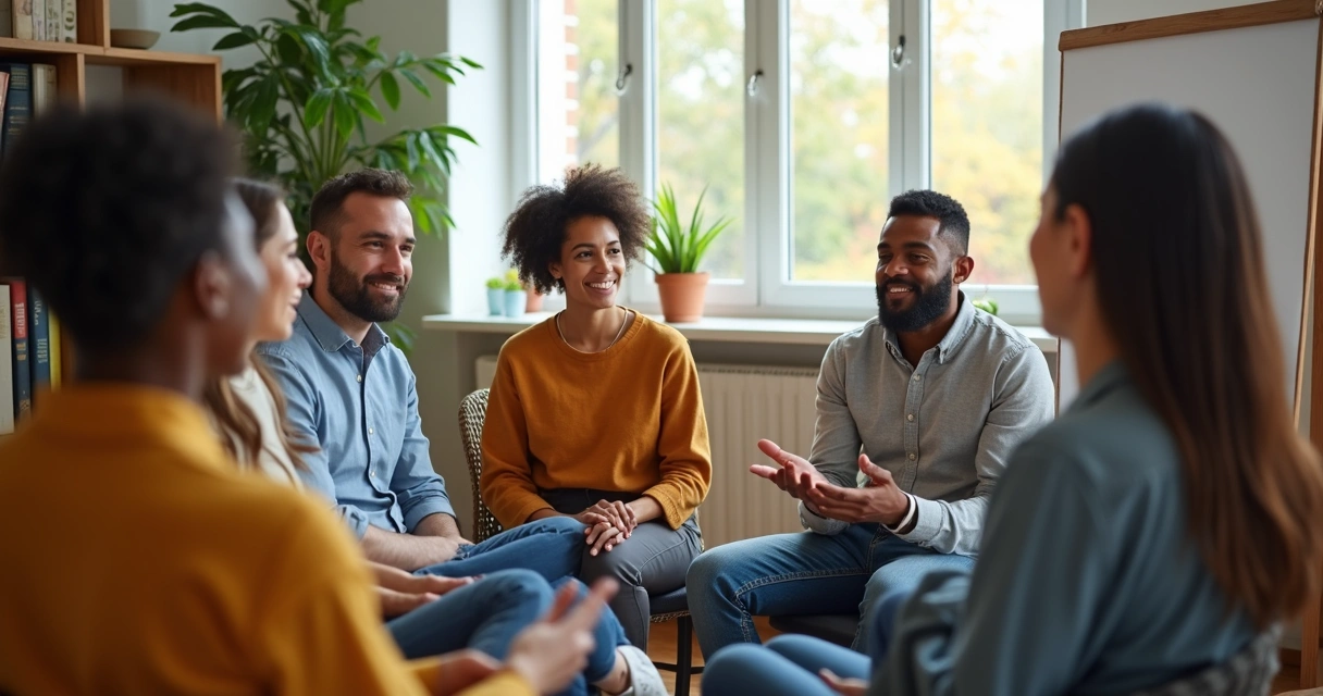 Pessoas conversando em círculo, demonstrando participação e apoio mútuo 