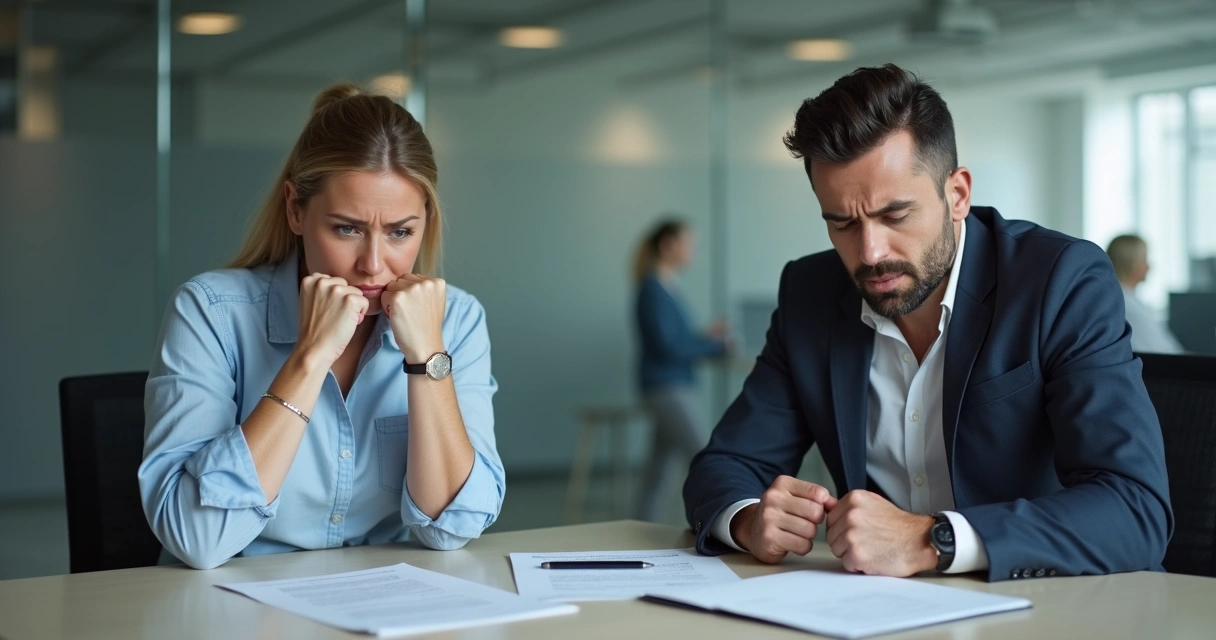 Duas pessoas em uma sala de reuniões, uma visivelmente frustrada enquanto outra parece incompreendida. 