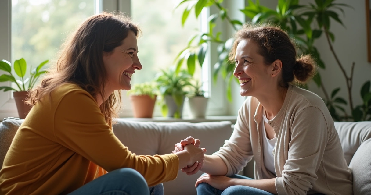 Duas pessoas se cumprimentando com sorriso, sentadas em ambiente confortável, plantas ao fundo