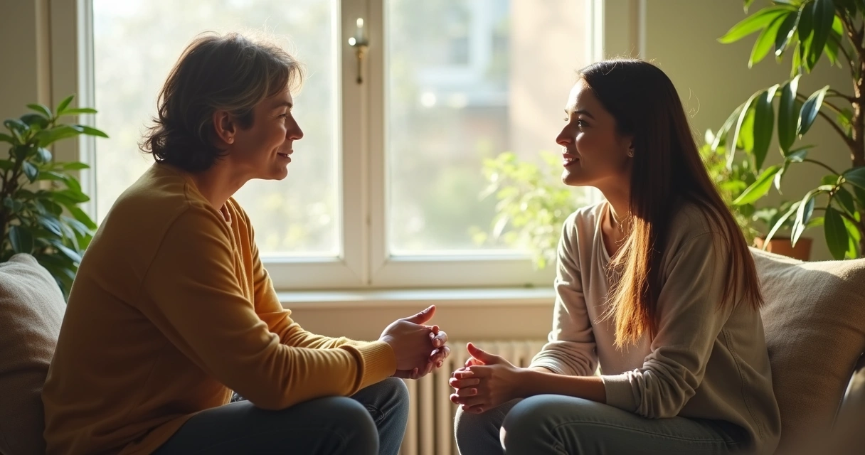 Duas pessoas sentadas conversando em uma sala iluminada por luz natural