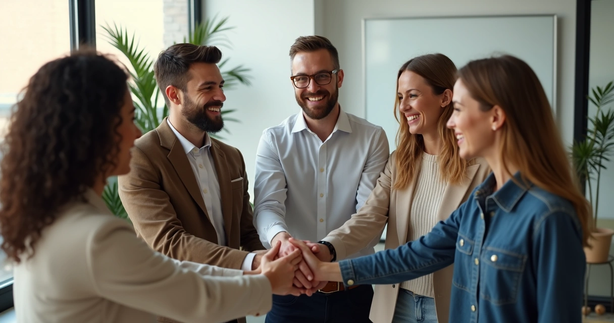 Grupo de colegas de trabalho sorrindo em círculo no escritório 