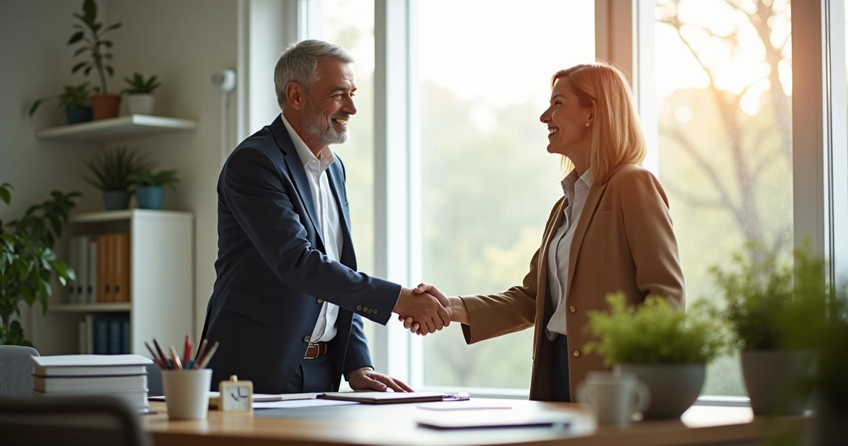 Duas pessoas se cumprimentando felizmente em contexto profissional 