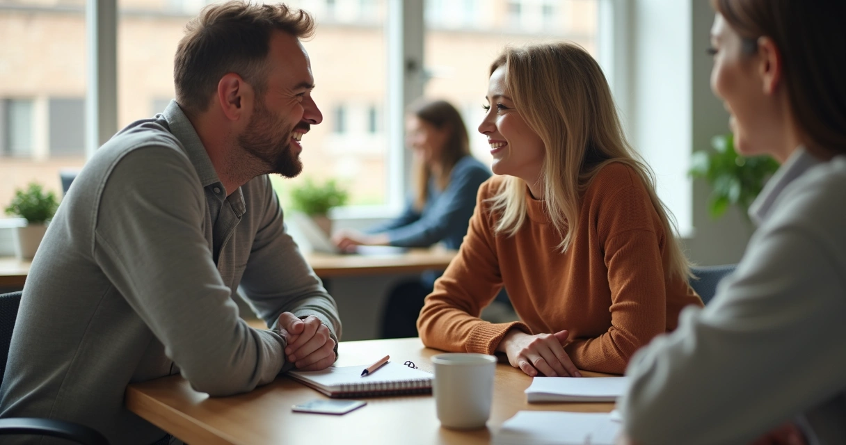 Pessoa em ambiente de trabalho sorrindo enquanto olha para a colega 
