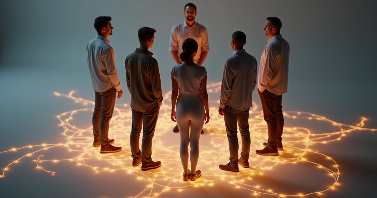 Grupo de pessoas conectadas por linhas formando uma rede 