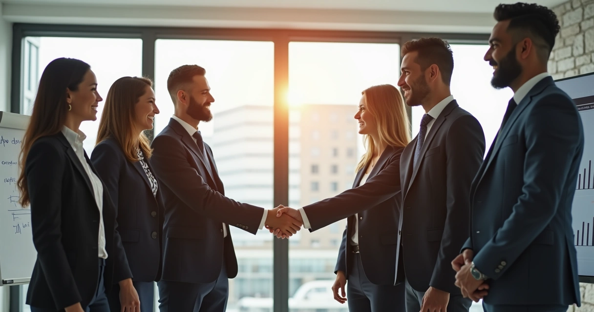 Duas pessoas apertando as mãos em um ambiente corporativo, com equipe ao fundo 