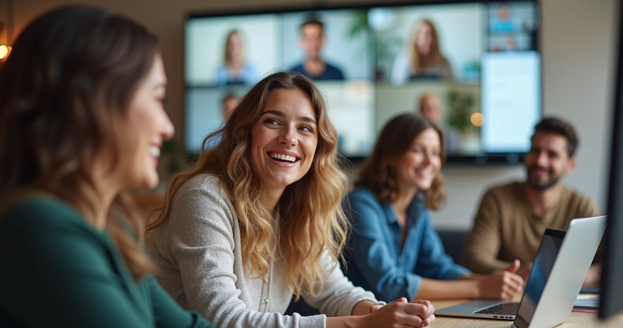 Equipe reunida virtualmente, sorrindo e interagindo em suas câmeras 
