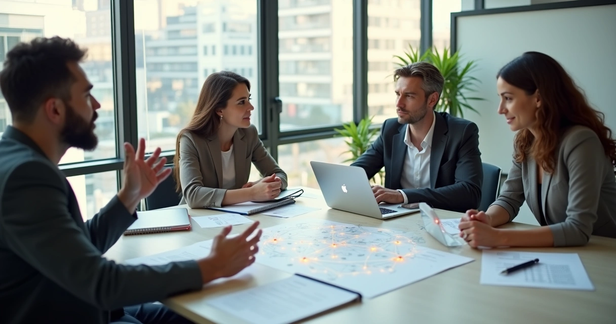 Equipe em reunião com conexões sutis destacadas entre as pessoas 
