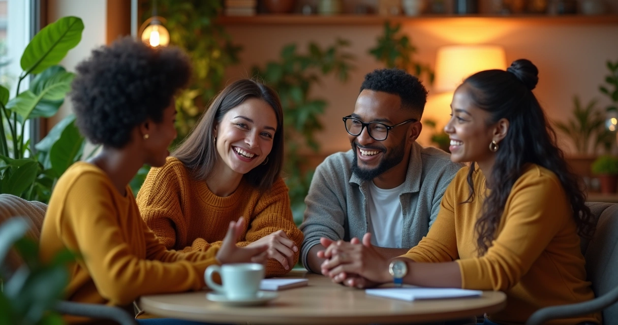 Grupo de pessoas conversando e sorrindo em ambiente acolhedor 