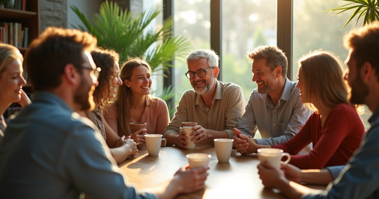 Grupo de pessoas reunidas, sorrindo e conversando de forma acolhedora 