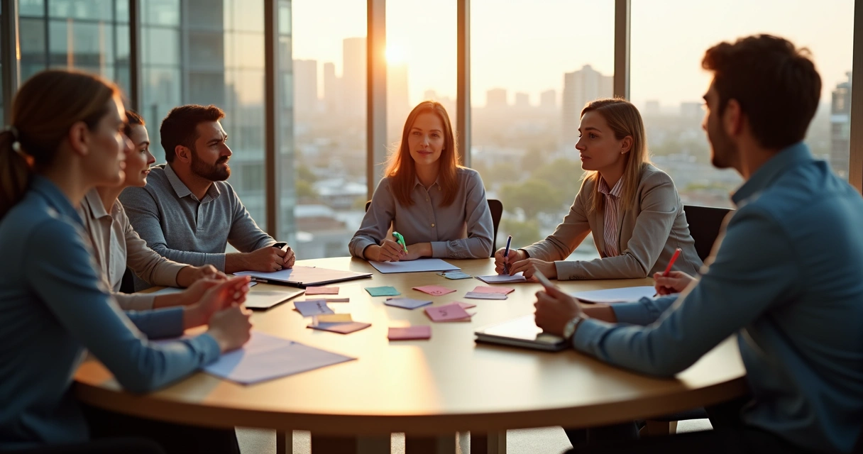 Profissionais em volta de mesa redonda avaliando relações interpessoais no trabalho com cartões de perguntas 