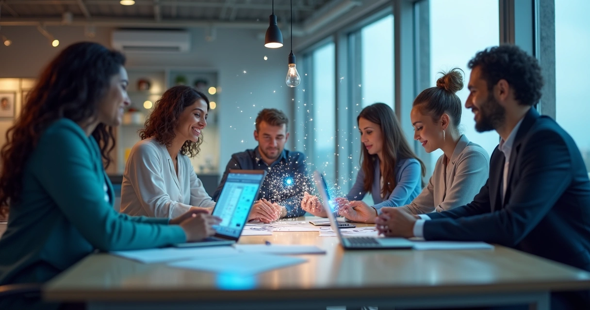 Colaboradores reunidos ao redor de uma mesa, conectados por linhas sutis de luz ilustrando vínculos invisíveis. 