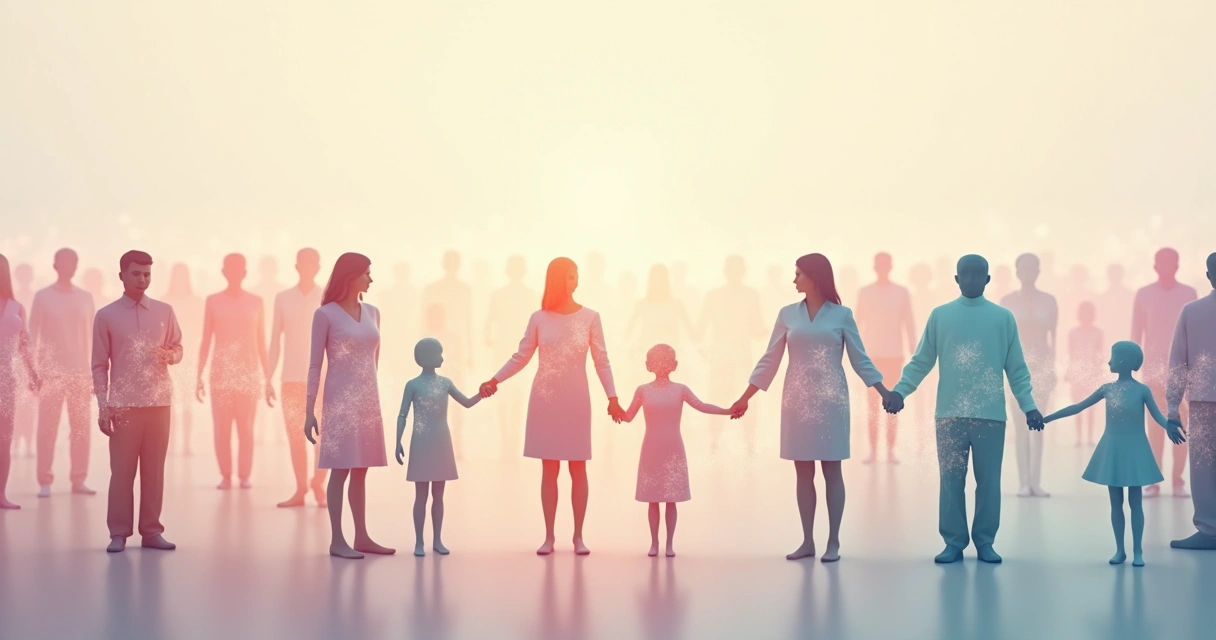 Desenho de pessoas conectadas por laços transparentes.