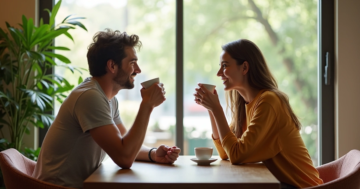 Duas pessoas conversando em um café, expressando leveza e confiança, ambiente luminoso. 