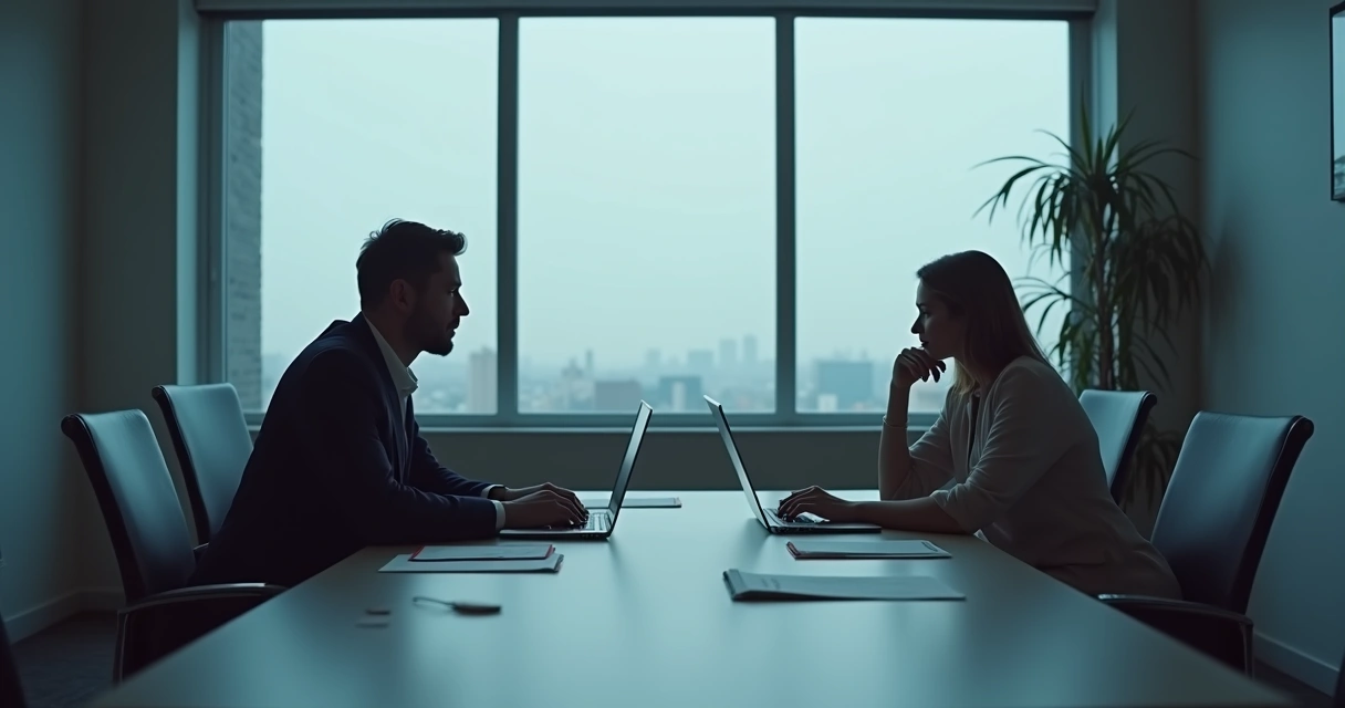 Duas pessoas em reunião de trabalho, uma delas visivelmente desconfortável e distante da discussão