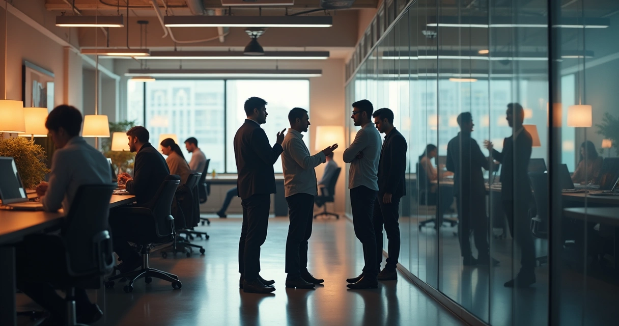 Grupos de pessoas em escritório interagindo de forma sutil, alguns em conversas reservadas, outros olhando discretamente para colegas, ambiente de trabalho contemporâneo, mostrando conexões implícitas